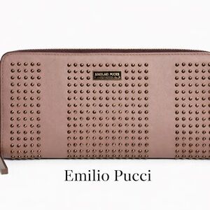 Emilio Pucci Taupe Studded leather zippy  Wallet. Made in Italy VTG